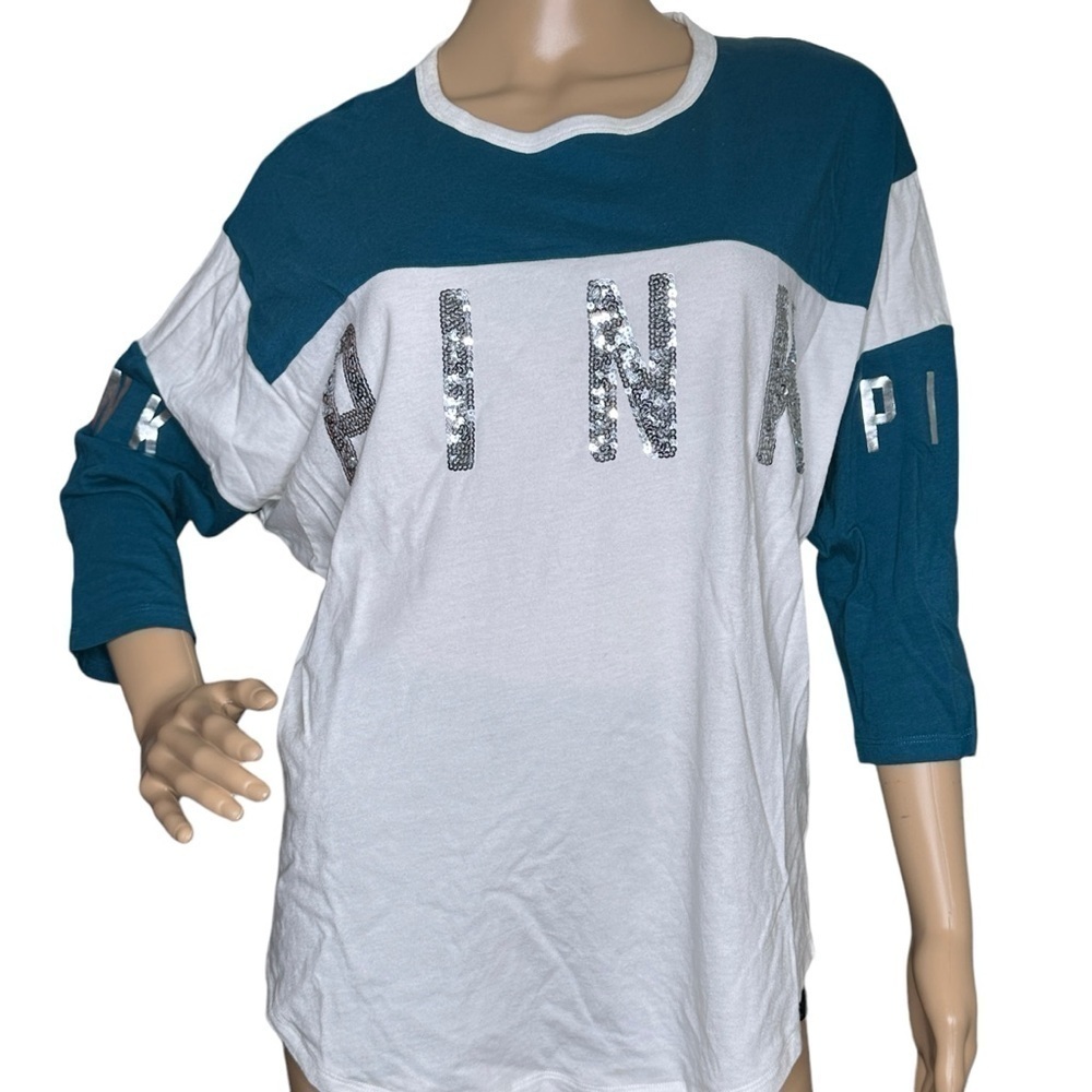 PINK Victoria's Secret bling teal and white top, small